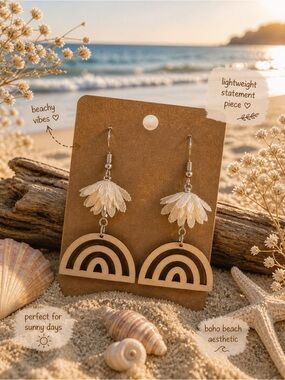 Hand Crafted Beige & Natural Wood Boho Rainbow Dangle Earrings